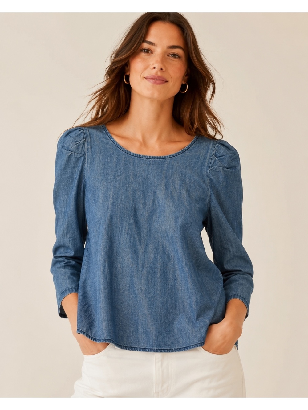 The Great. $225 Woman’s 1 Small Denim Puff Sleeve Boho Pleasant Blouse Top